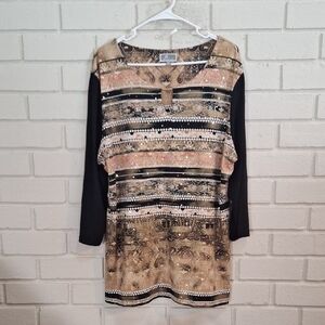 JM Collection Black and Tan Gold Sequin Long Sleeve Top. Size XXL NWOT